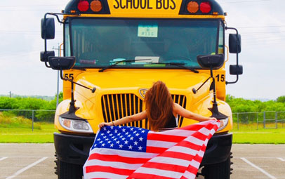 USA School bus with flag